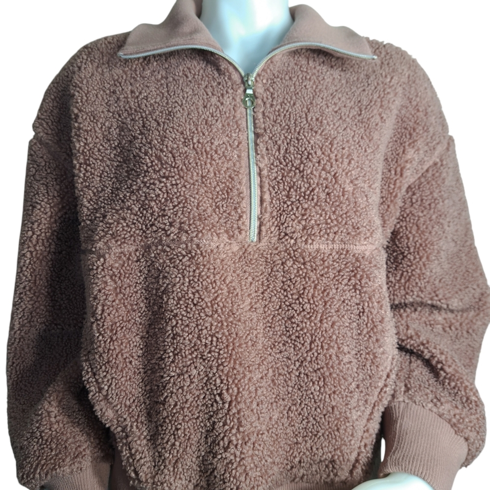 Joy Lab Women Oversized Fleece Jacket M Pullover Half Zipper Mock Neck Old Pink - Picture 5 of 16